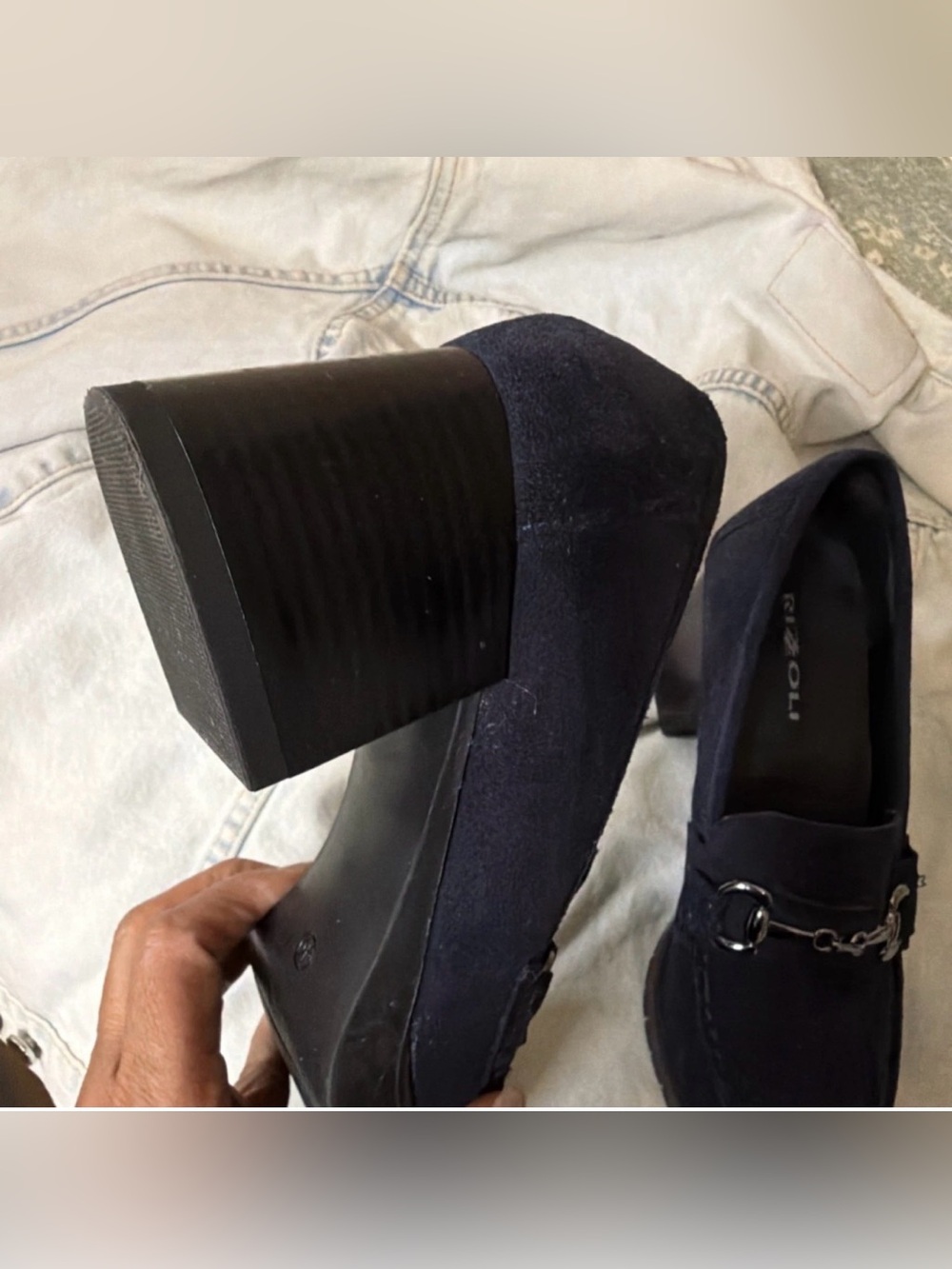 RIZZOLI Navy Suede Horsebit Block Heel Pumps Women's Almond size size 40 USA - Picture 6 of 9